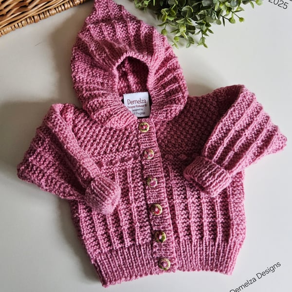 Designer Baby Girls Hooded Jacket 50% Marino Wool Hand Knitted 3-9 months 