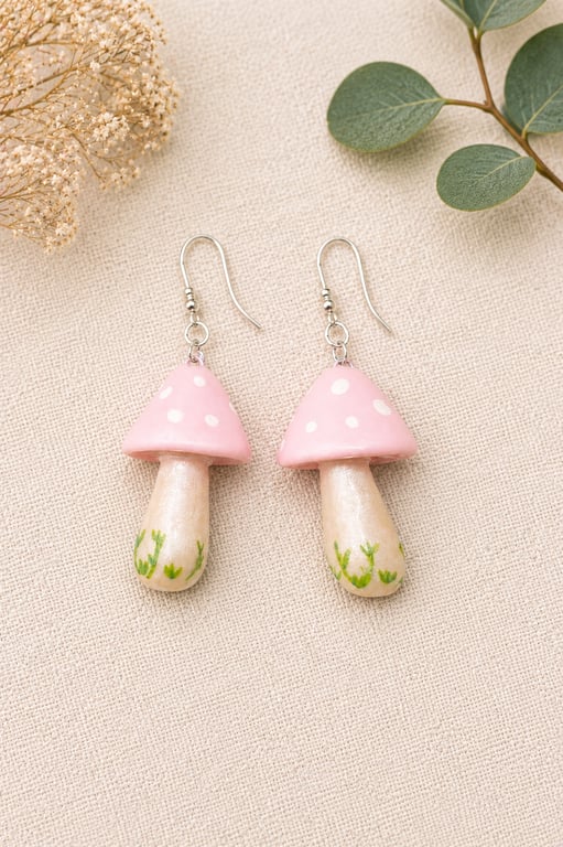 Pink Shimmer Mushroom Polymer Clay Earrings Sterling Silver Hooks