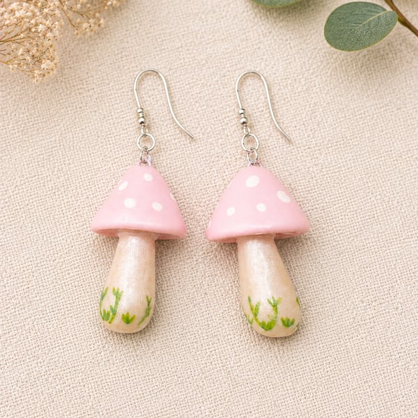 Pink Shimmer Mushroom Polymer Clay Earrings Sterling Silver Hooks