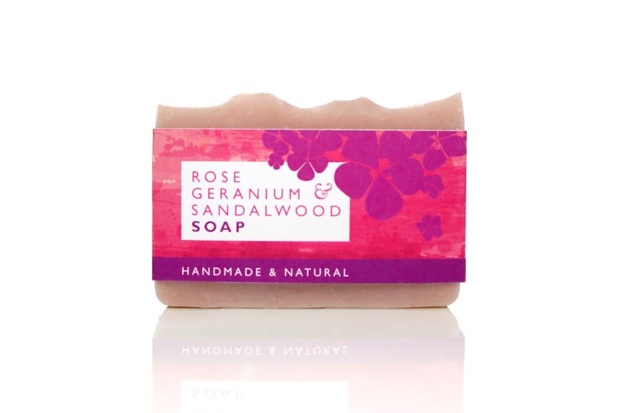 Natural soap with rose geranium, sandalwood, lavender, shea butter, coconut oil,