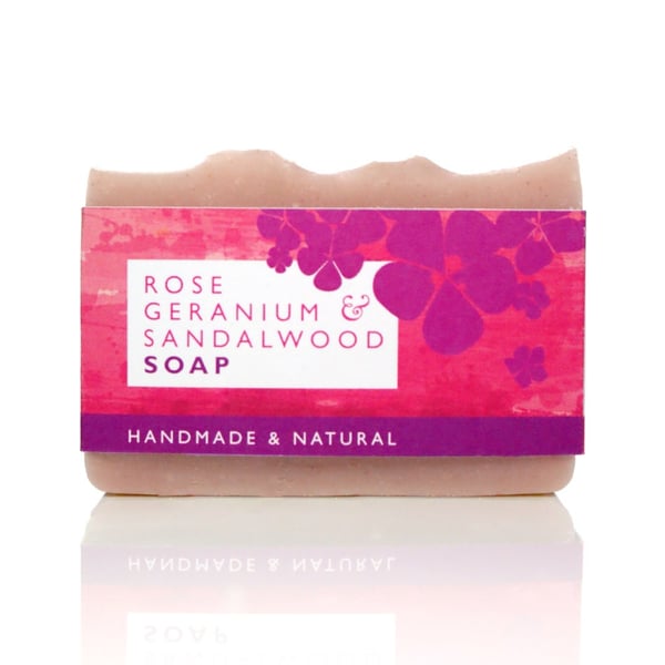 Natural soap with rose geranium, sandalwood, lavender, shea butter, coconut oil,