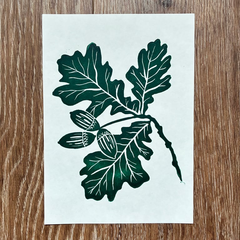 PERFECTLY IMPERFECT Oak leaf and acorn original linocut print in forest green