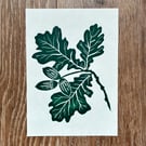 PERFECTLY IMPERFECT Oak leaf and acorn original linocut print in forest green
