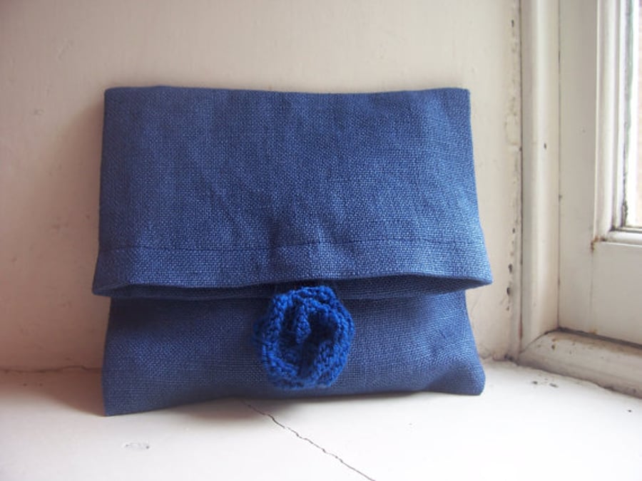 Soft foldover clutch bag in blue linen with rose fastening - Kate
