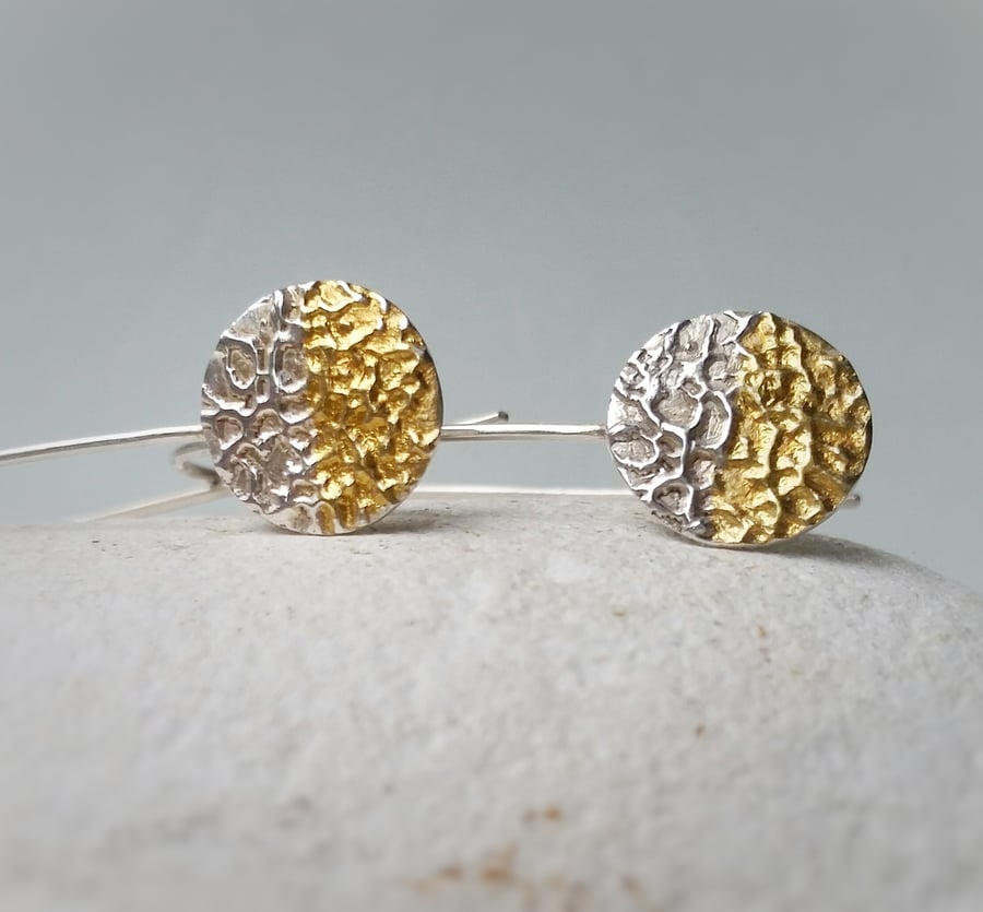 Contemporary Sterling Silver and 24 carat Gold Textured Circle Drop Earrings