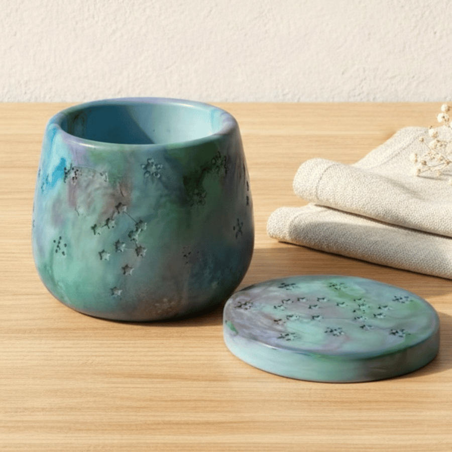 Aurora Borealis Jewellery Box Green and Blue Marbled Handmade Trinket Pot