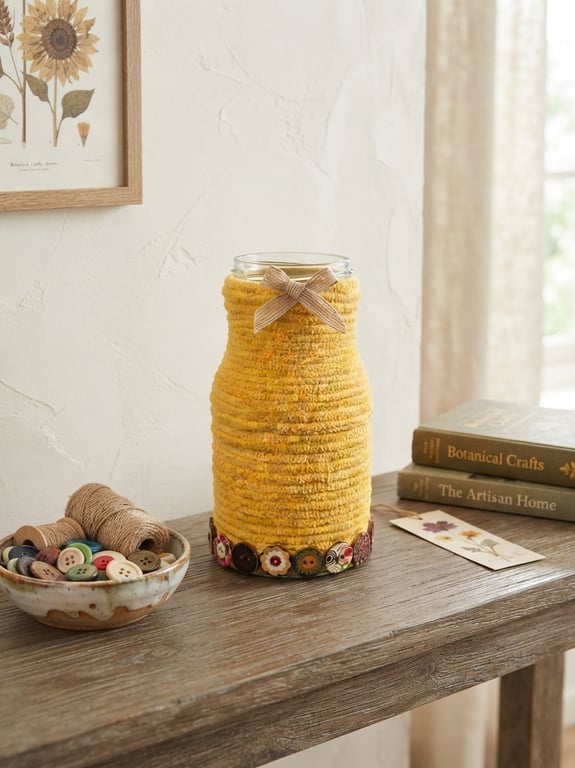 Handmade Mustard Yellow Yarn Wrapped Jar - Colourful Vase - Rustic Button Decor