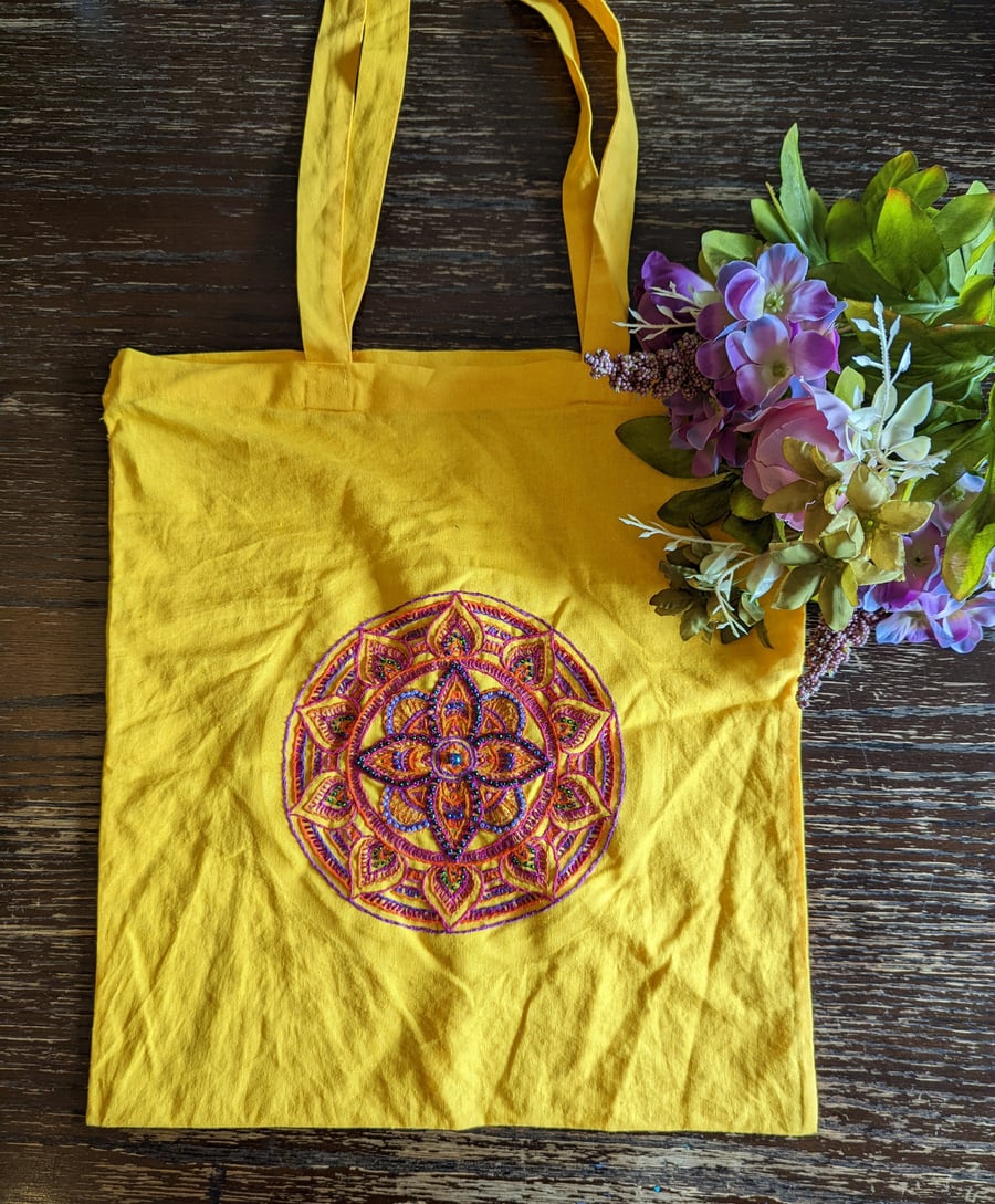 Hand embroidered and beaded mandala tote bag