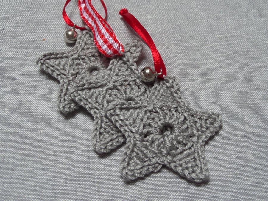 Set of Three Crochet Star Christmas Tree Decorations In Grey
