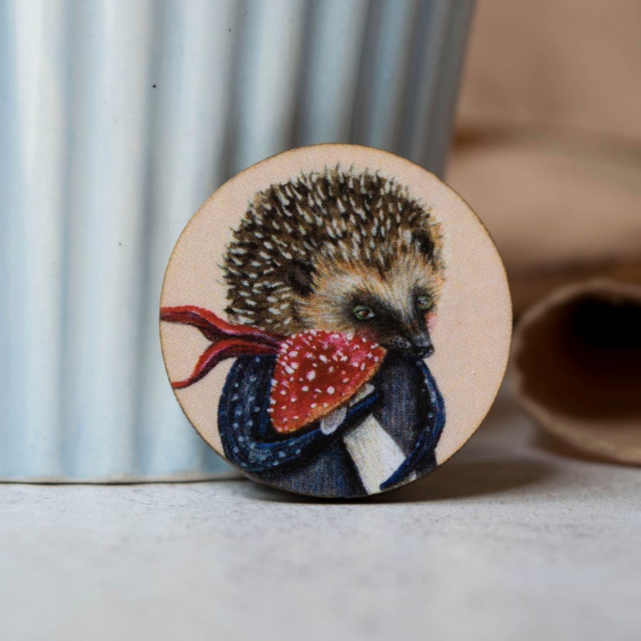 Hedgehog with a mushroom circular wooden badge