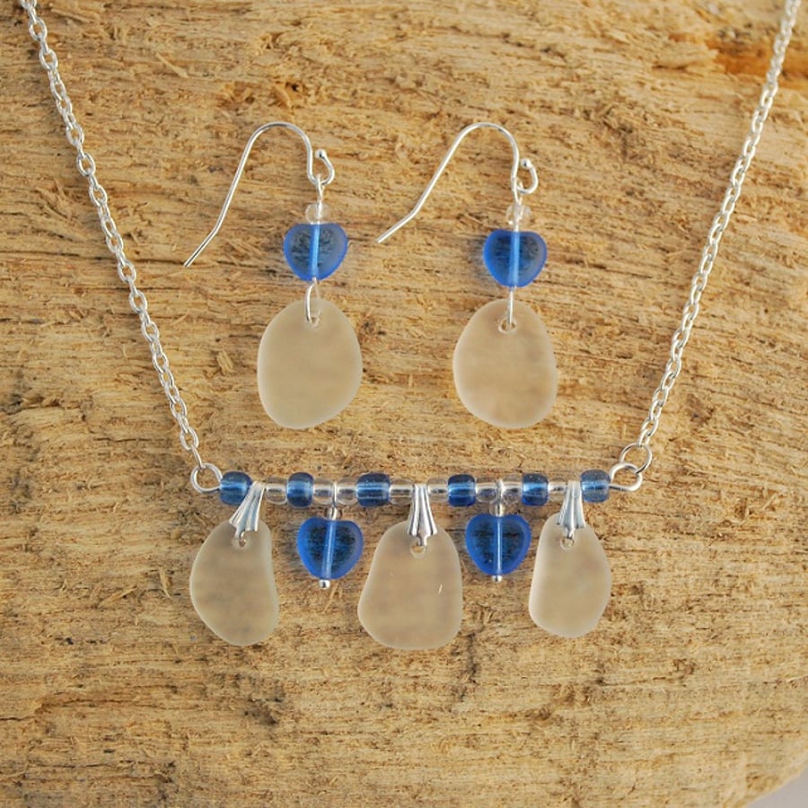 Beach glass pendant and earrings with blue hearts