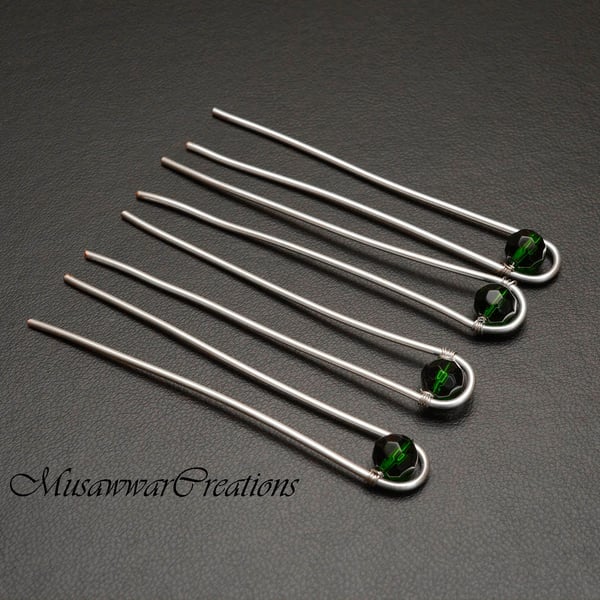 Green beads Hair pins,Bun Pins,Hair slides, Hair pin,4 piece of hair fork