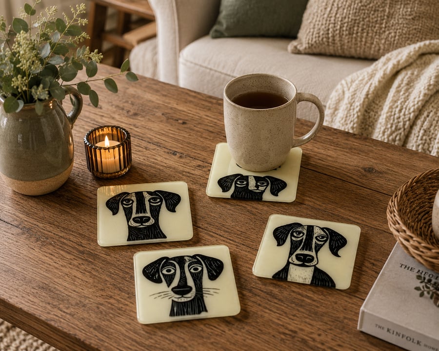 Image of Handmade Fused Dog Glass Coasters. Set of 4. 