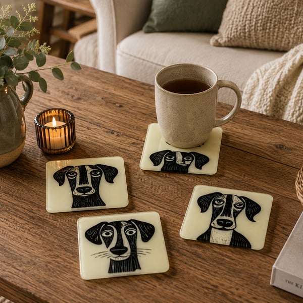 Handmade Fused Dog Glass Coasters. Set of 4. 
