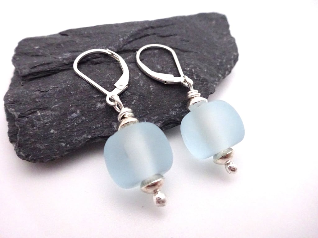 frosted blue lampwork glass earrings