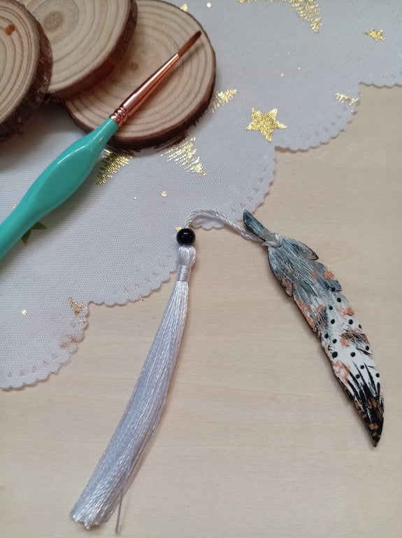 Black and white wooden Feather bookmark 