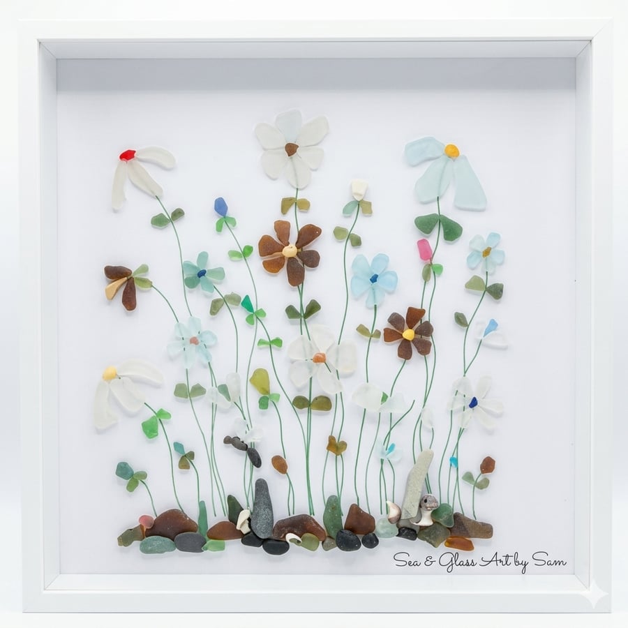 Large Handmade Sea Glass Wildflower Meadow Picture - Framed 12x12 Anglesey Art