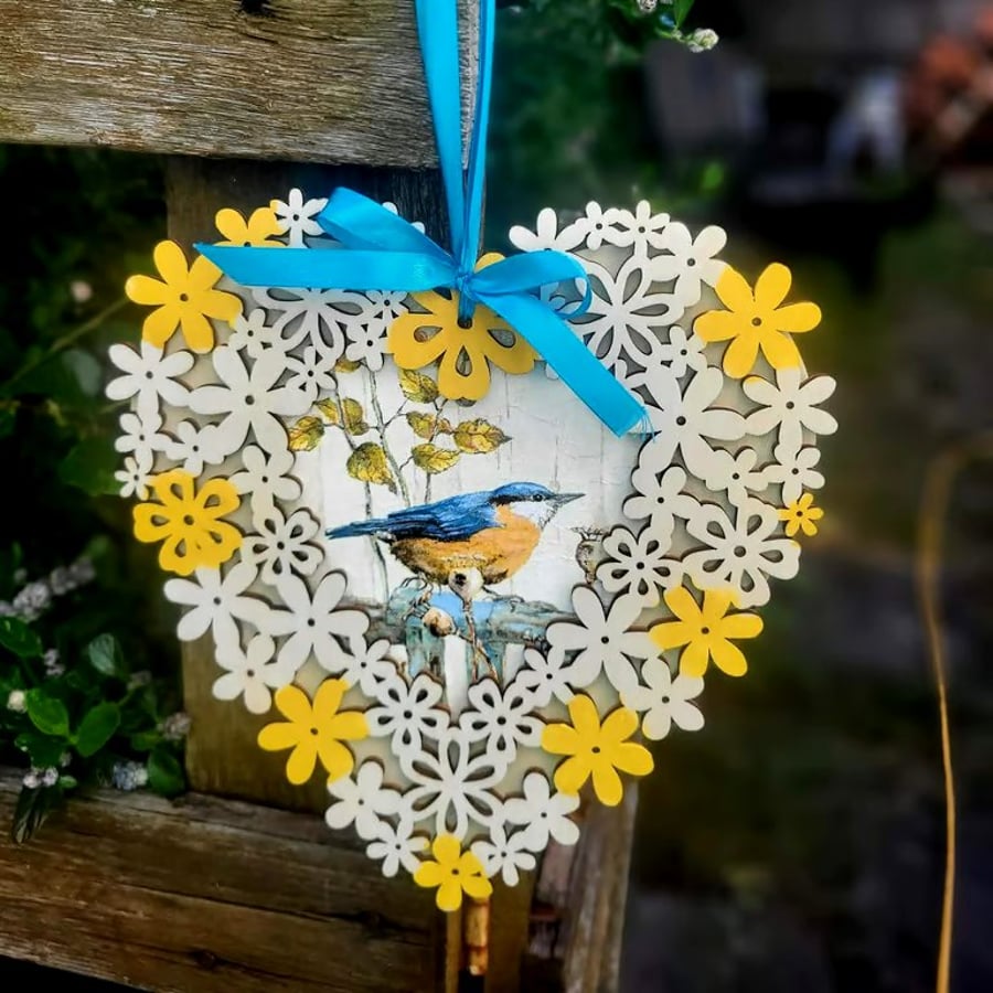 Wooden Heart Sign with Vintage Blue Bird,Yellow Blossoms Wooden Heart Wall Sign