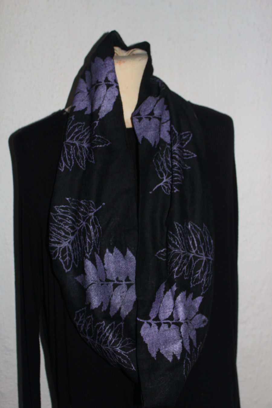 Black soft infinity scarf,purple ash leaf hand printed Eco scarf,ladies gift 