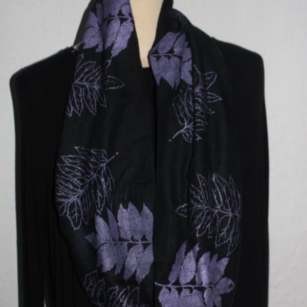 Black soft infinity scarf,purple ash leaf hand printed Eco scarf,ladies gift 