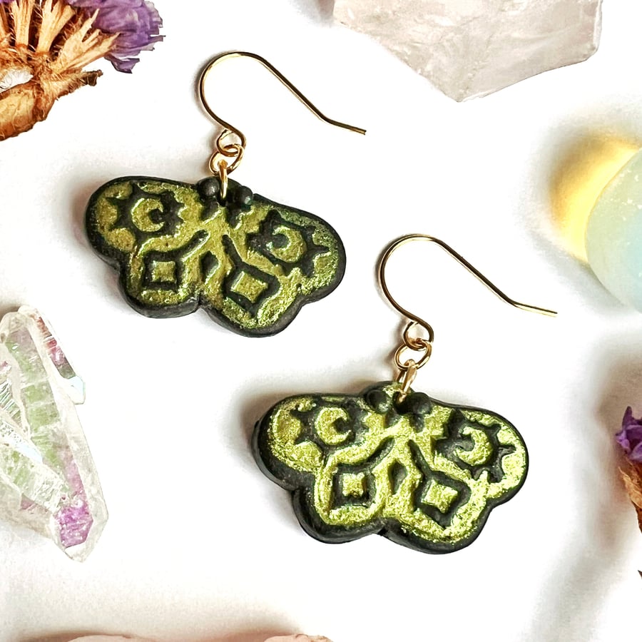 Gold-Green Moth Earrings, Polymer Clay, Gold Plated Hooks, Black