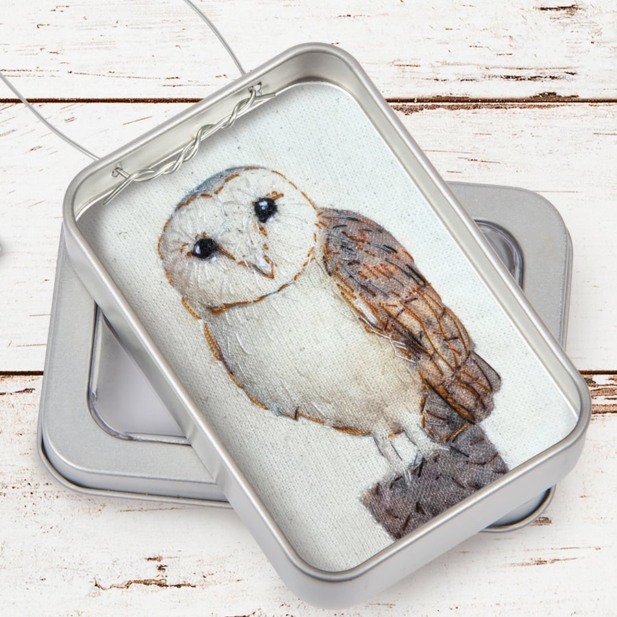 Owl, 3D fabric owl picture framed in a tin, gift, ornament