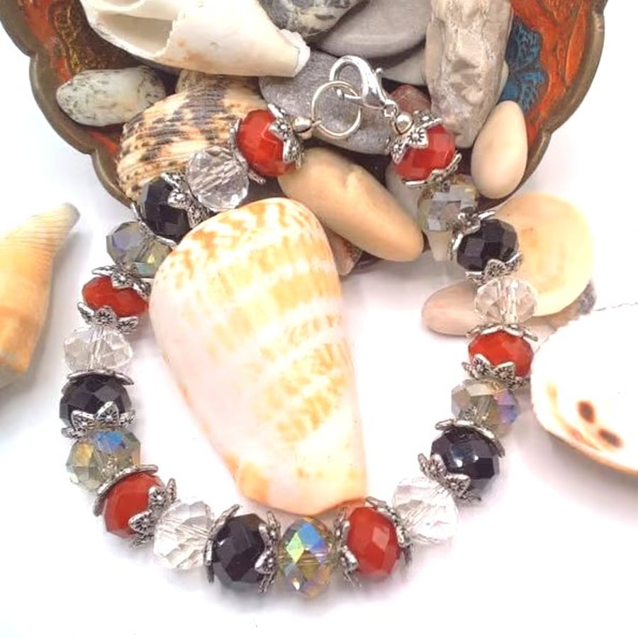 Red Black and Clear Crystal Bracelet with Silver Plated Bead Caps, Gift for Her