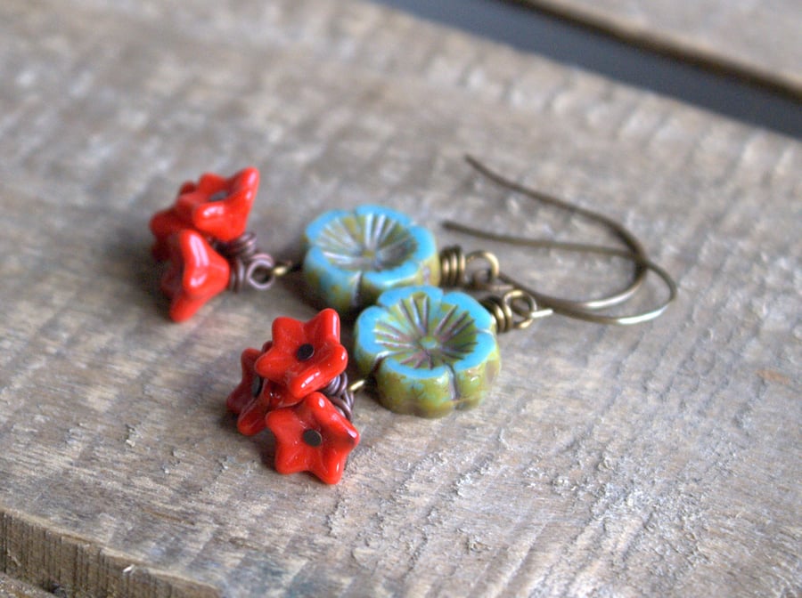 Turquoise and Red Flower Earrings