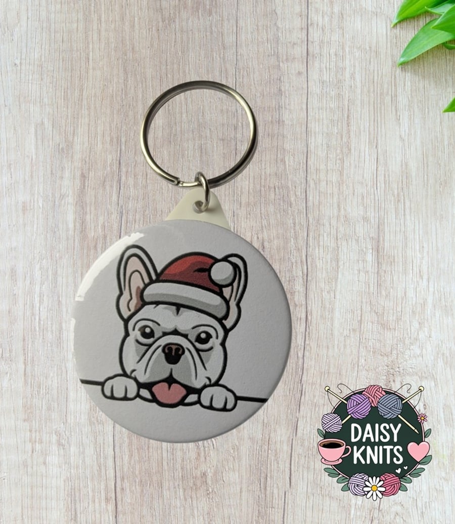 French Bulldog Keyring with Santa Hat - Christmas Gift for Frenchie Dog Owners