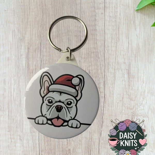French Bulldog Keyring with Santa Hat - Christmas Gift for Frenchie Dog Owners