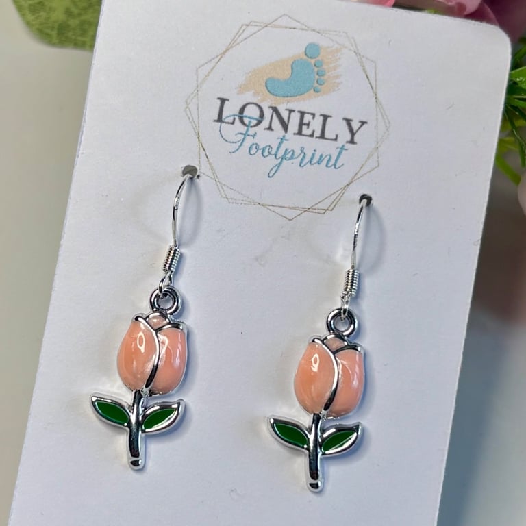 Pink Tulip Enamel Earrings, Floral and Nature Jewellery, Handmade Gift for Her
