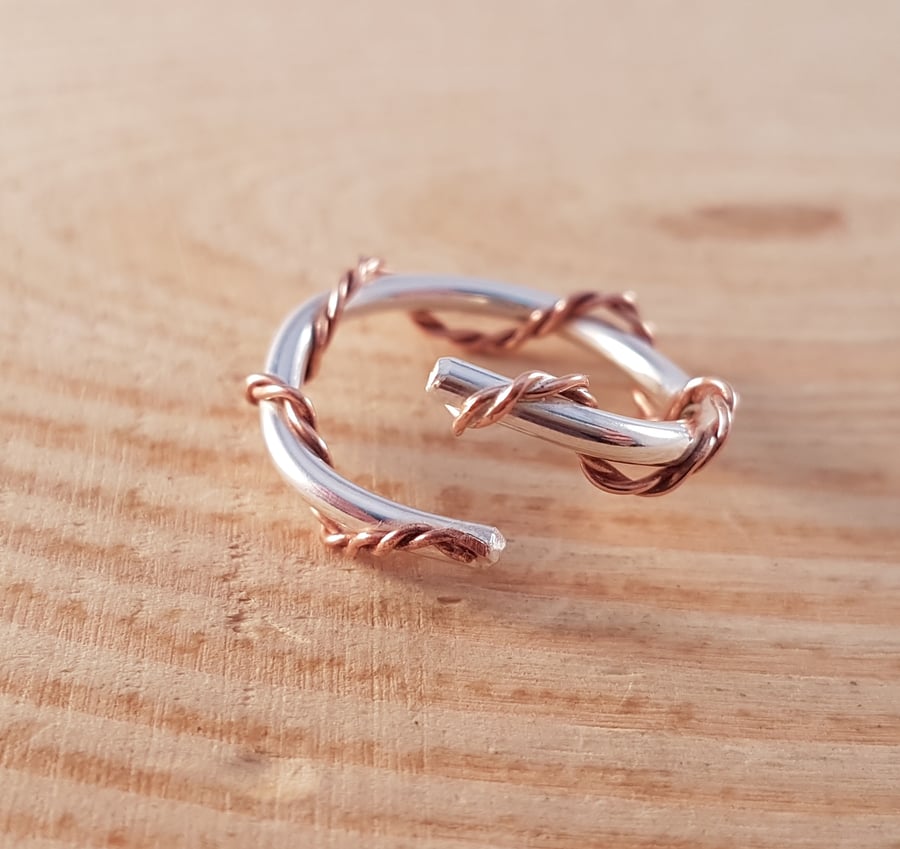 Sterling Silver and Copper Spiral Rope Twist Cross Over Adjustable Ring