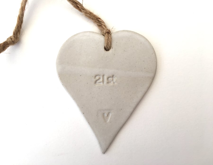 '21st birthday' Loveheart hanger, gift idea, handmade pottery, one off ceramics.