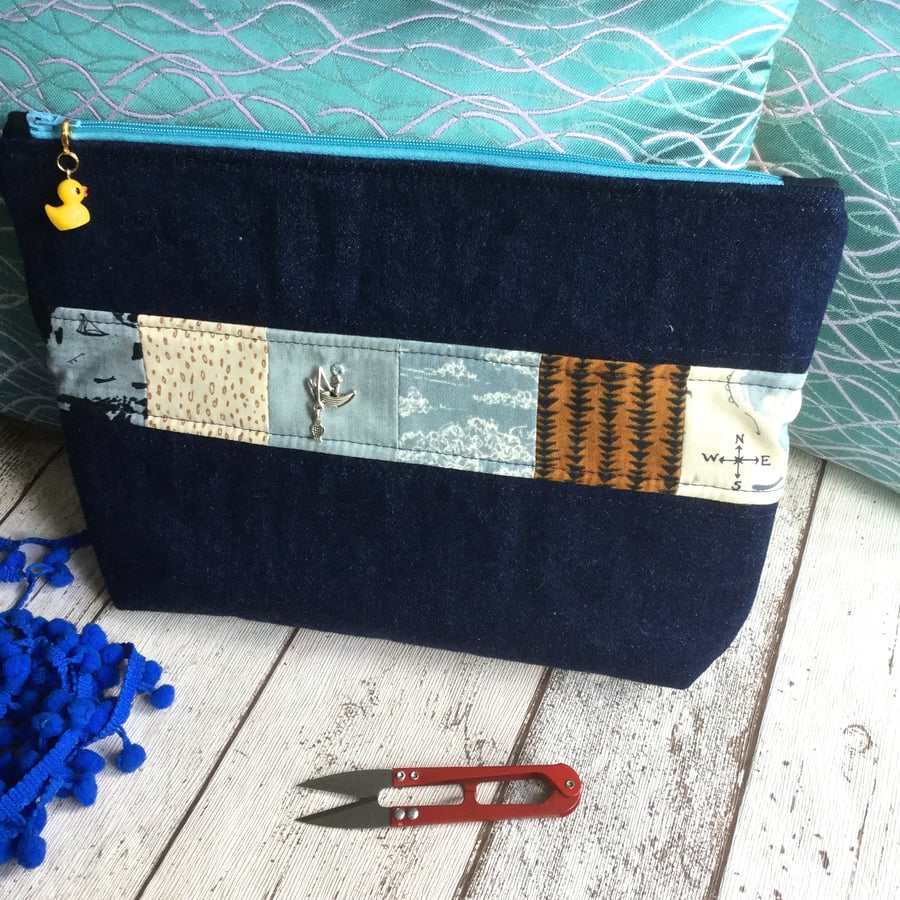 Denim Weather Themed Patchwork Fabric Zipped Pouch
