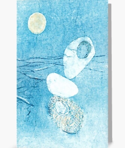 moon and beach stack blank art card shells pebbles and sea