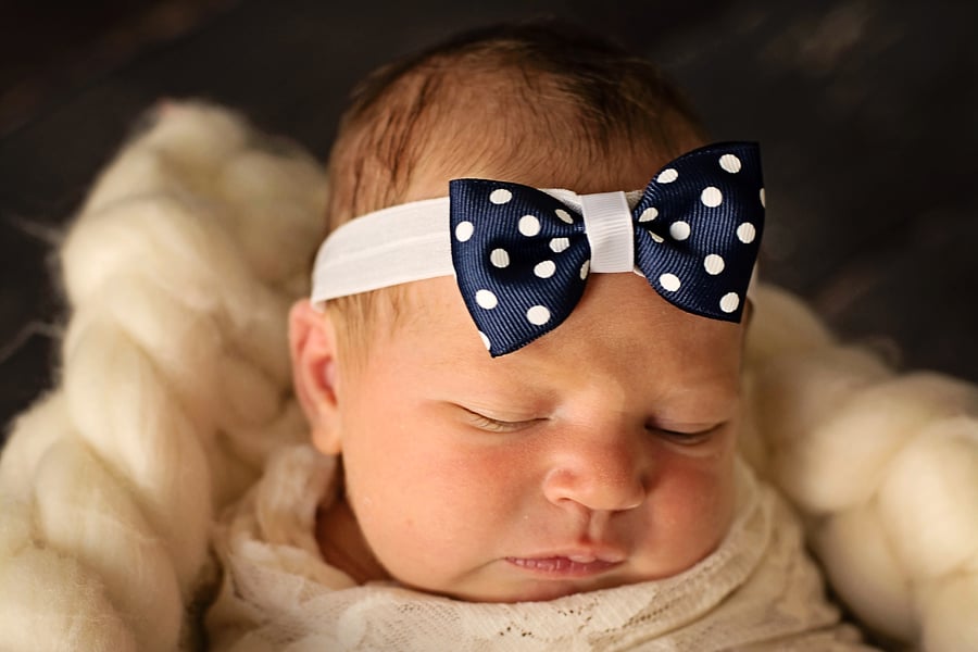 Navy and White Polka Dot Bow Hairband, Newborn to 3 Years