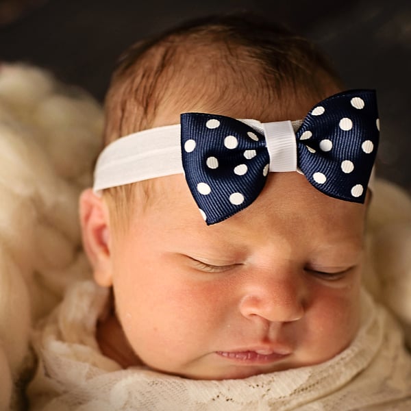 Baby Polka Dot Bow Tie Headband – Navy Blue Adjustable Style main image 1