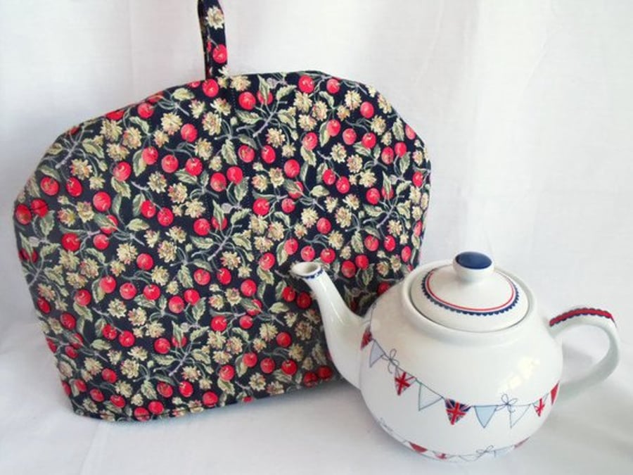  tea pot cozy to keep your brew warm, red and navy berry fabric
