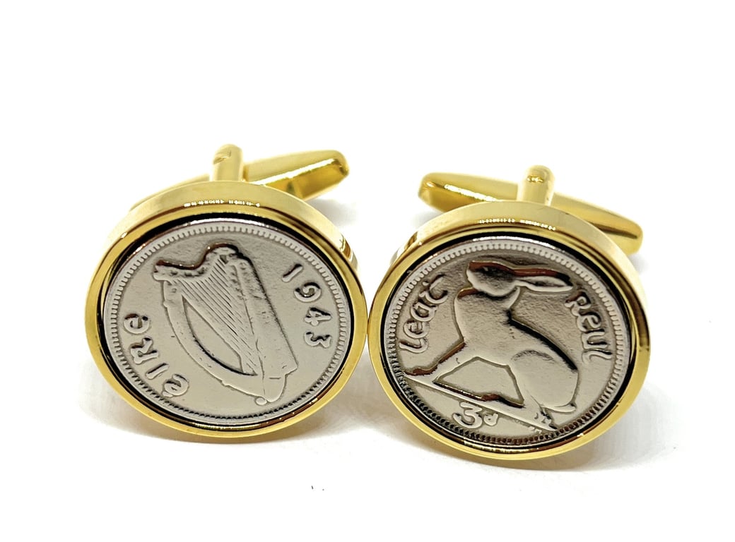 1943 Threepence 3d birthday Cufflinks - Original 1943 Irish Harp coin cuff
