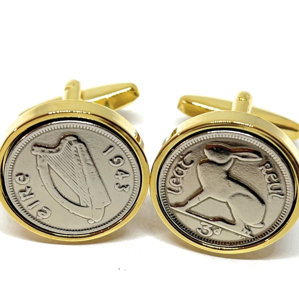 1943 Threepence 3d birthday Cufflinks - Original 1943 Irish Harp coin cuff