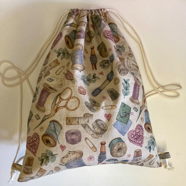 Sewing Canvas Drawstring Backpack - Reusable Gift Bag, Handmade Project Bag