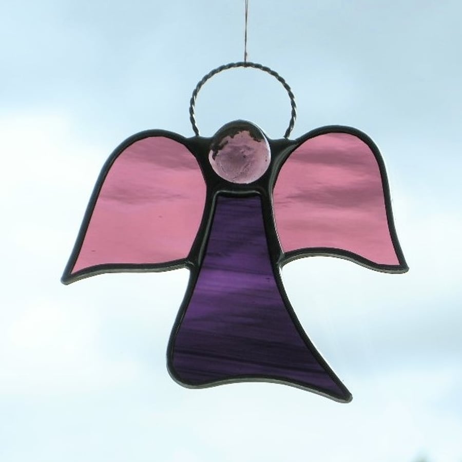 Stained glass suncatcher (Angel) abstract in rose and two purples waterglass