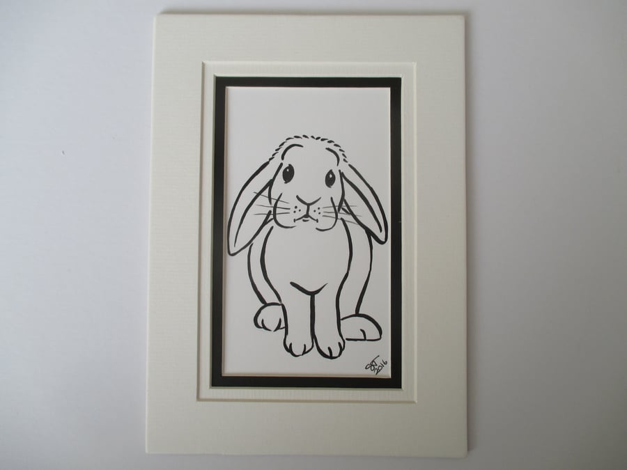 Bunny Rabbit Original Art Line Drawing Painting Mounted Lop Ear