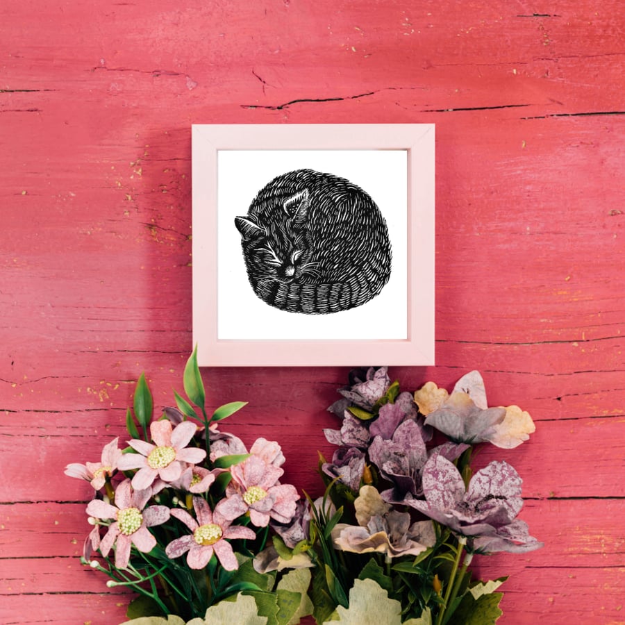 Sleeping Cat Lino Print - Original Hand Carved Print - Black & White Linocut