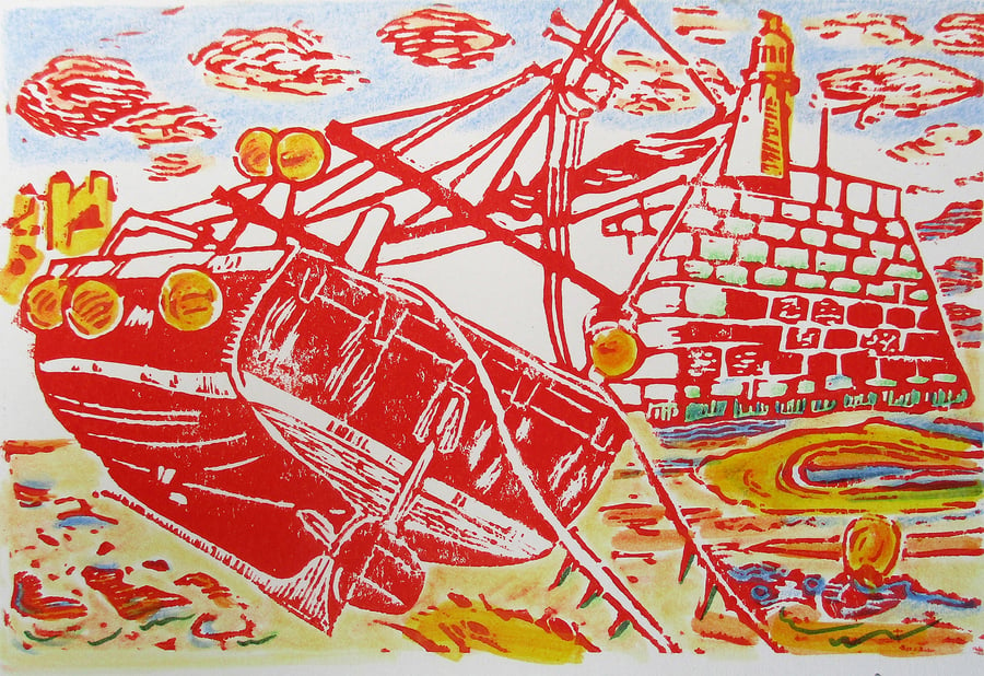 Smeaton's Pier, St Ives - Original Hand Coloured Linocut Print Ltd Edition