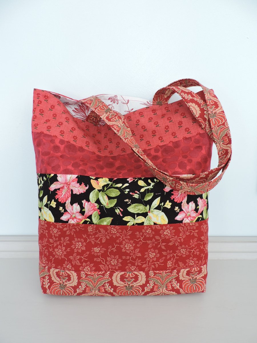 Patchwork Tote Bag Rusty Red, Black, Burnt Sienna, Taupe