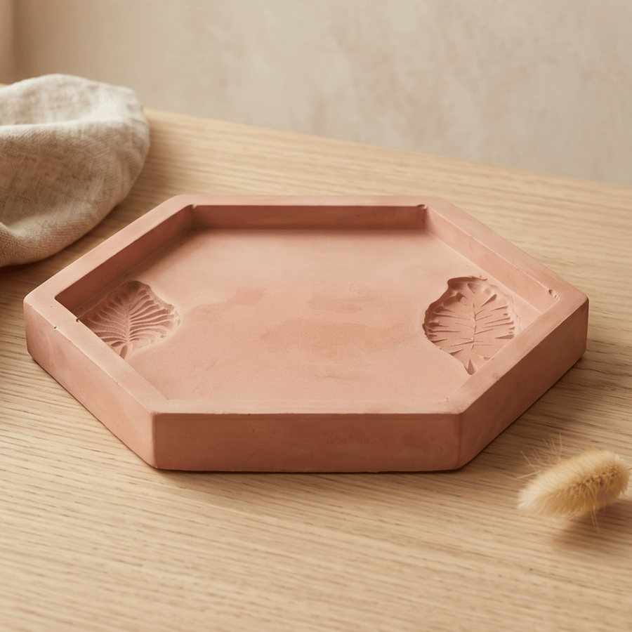 Terracotta Coloured Hexagonal Decorative Tray -Trinket Dish With Leaf Imprints