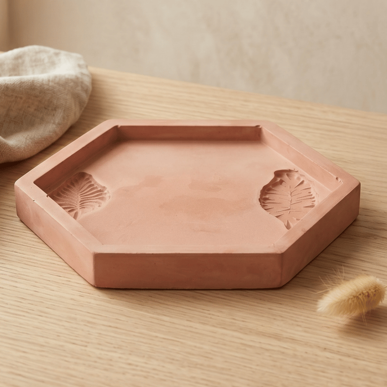 Terracotta Coloured Hexagonal Decorative Tray -Trinket Dish With Leaf Imprints