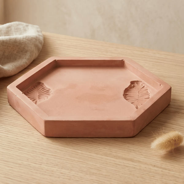 Terracotta Coloured Hexagonal Decorative Tray -Trinket Dish With Leaf Imprints