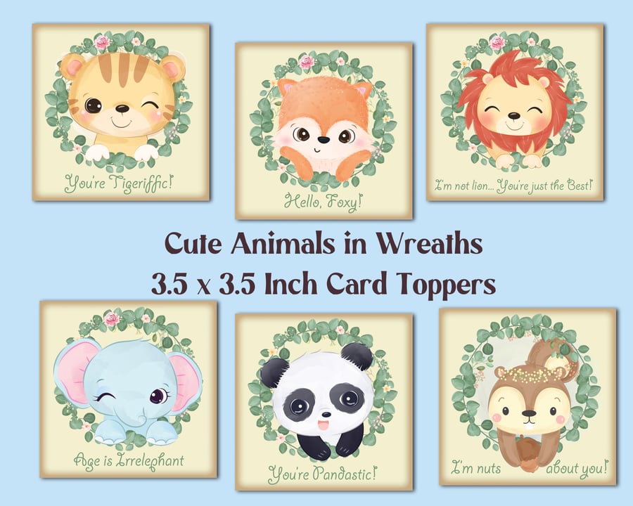 Cute Animals in Wreaths Square Card Toppers for Card Making, Tags, Scrapbooking